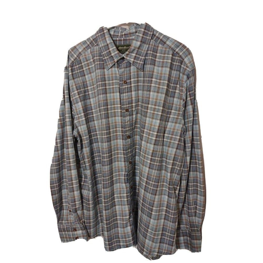 Eddie Bauer Men's L Blue Plaid Button Down Long Sleeve Shirt Size XL 100% Cotton